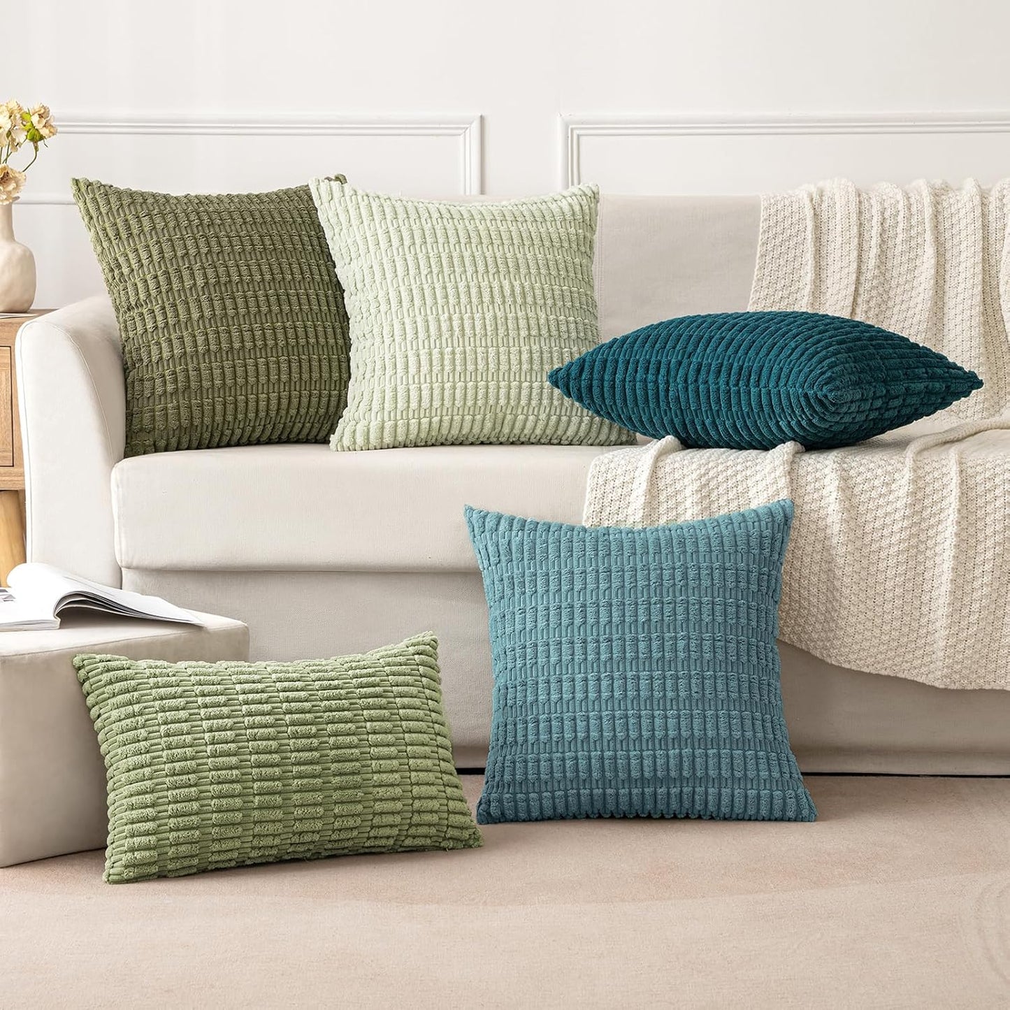 MIULEE Corduroy Throw Pillow Covers - Soft Boho Striped Design, 16x16 Inch, Coastal Blue for Modern Home Decor