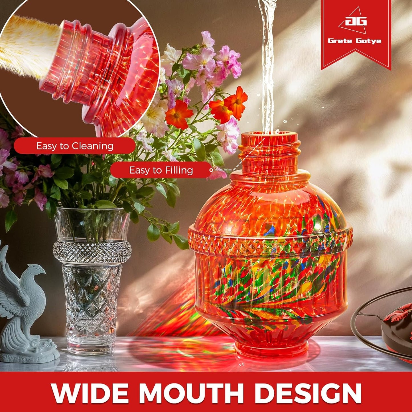 Skiennix Blown Glass Hummingbird Feeder - 25 Ounce Leak-Proof Nectar Feeder with 5 Flower Ports | Red Garden Decor