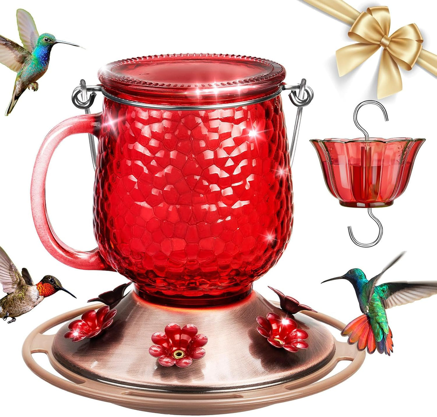 Kingsyard Hummingbird Feeder - 16 Oz Outdoor Glass Nectar Feeder with 6 Feeding Ports & Ant Moat | Red Garden Décor Gift