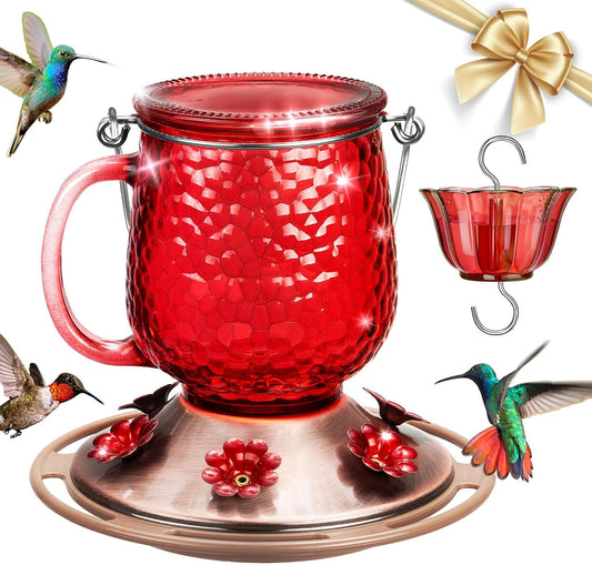 Kingsyard Hummingbird Feeder - 16 Oz Outdoor Glass Nectar Feeder with 6 Feeding Ports & Ant Moat | Red Garden Décor Gift