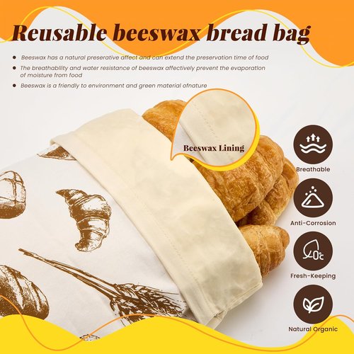 Beeswax Bread Bags - 2 Pack Reusable Organic Cotton Storage for Sourdough & Bakery Bread
