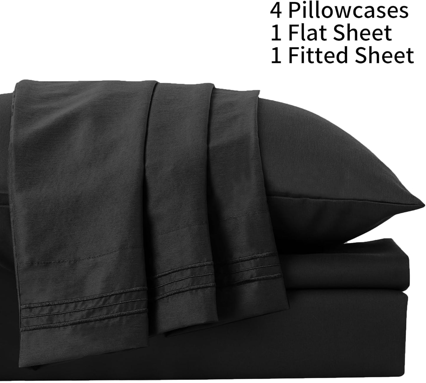 LINENLINE Full Sheet Set - Soft & Breathable Bamboo Rayon | 6-Piece Cooling Sheets, 16" Deep Pocket, Black