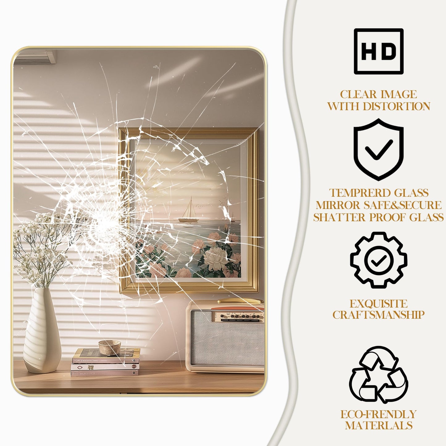 Fun Memories Gold Bathroom Mirror 16x20 Inch Bathroom Vanity, Metal Black Frame Large Mirror, Modern Wall Mirror for Bathroom, Tempered Glass, Farmhouse, Horizontally or Vertically