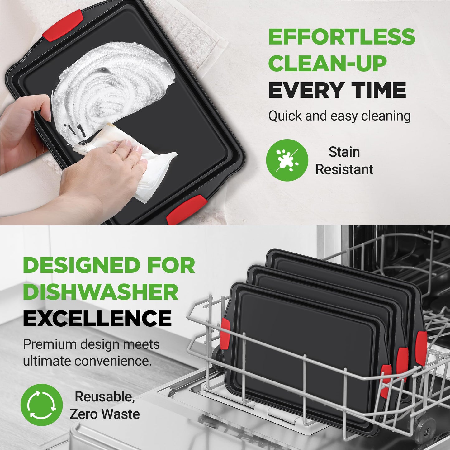 NutriChef 3-Piece Large Nonstick Cookie Sheets for Baking | Premium Food-Grade Carbon Steel, Non-Stick Tray Set with Silicone Handles, Oven Safe up to 446°F | Easy to Clean, 17.2 x 11.8 x 0.7 Inch