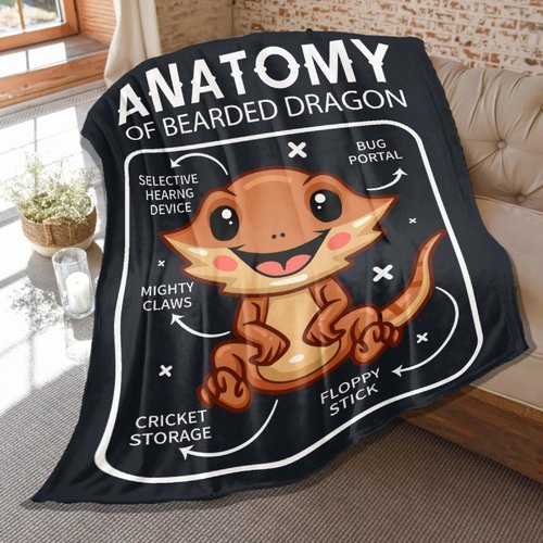 Bearded Dragon Throw Blanket, Reptiles Gifts for Women Men, Soft Flannel Anatomy of Bearded Dragon Print Throw, Plush Animals Quilt for Bed Sofa Decoration 80 x 60in for Adults