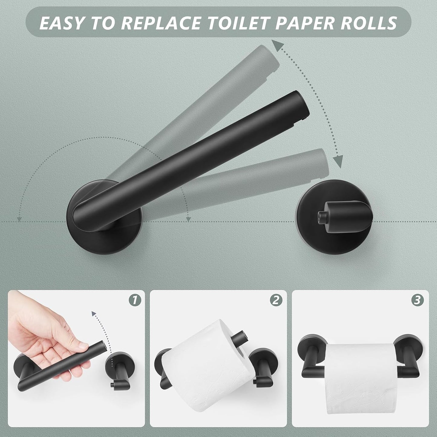 JunSun Matte Black Toilet Paper Holder - Wall-Mounted Pivoting Design for Large Mega Rolls