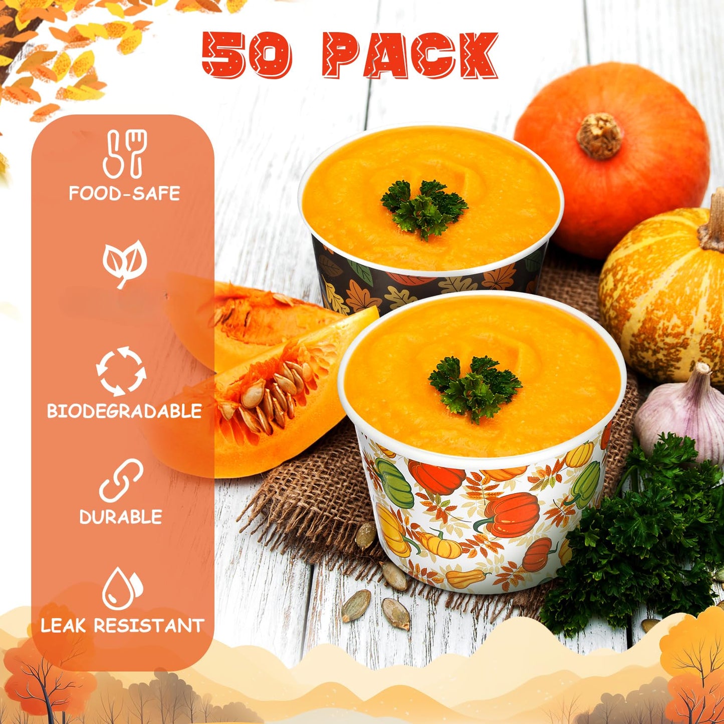 Uiifan 50 Pcs Fall Snack Cups 8 oz Disposable Pumpkin Bowls Maple Leave Plaid Thanksgiving Cups Disposable Dessert Fall Party Bowls for Ice Cream Soup Hot Cold Food Party Supplies 5 Styles