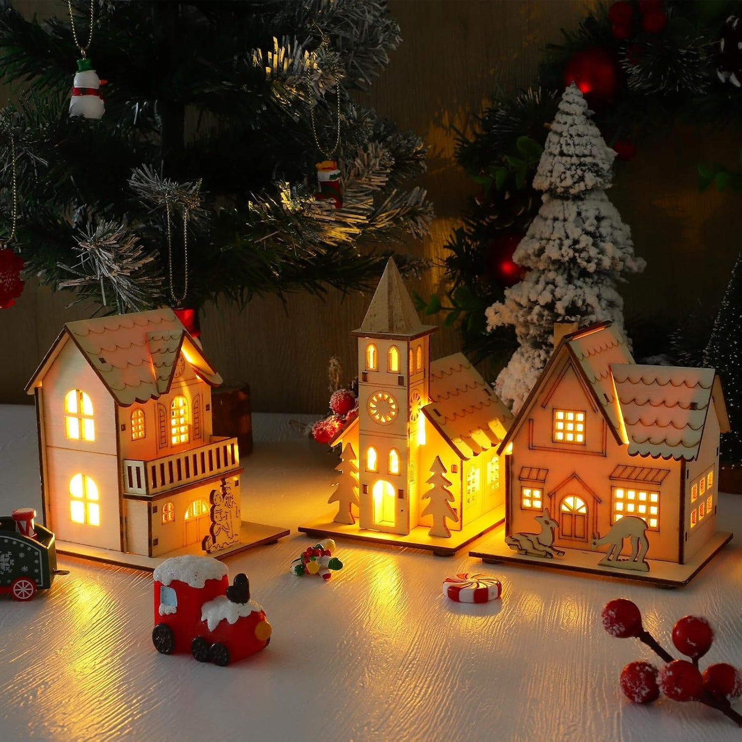 Rustic Christmas Village Houses by [Brand Name] - LED Light Wooden Decor for Holiday Centerpieces | 3 Pcs Set
