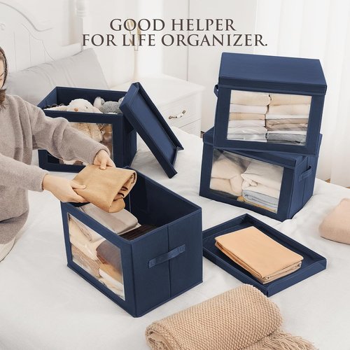 Homsorout Stackable Storage Bins - Large Fabric Closet Organizer with Lids | 5 Pack in Navy Blue