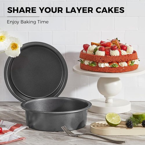 HONGBAKE Round Cake Pan Set - Nonstick 8-Inch Deeper Circle Cake Tins with Wider Grips | 2-Piece Grey Set