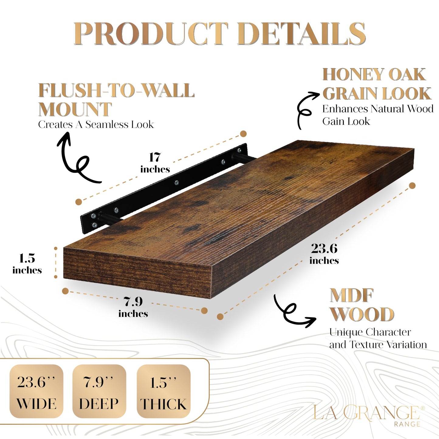 LA GRANGE RANGE® 23.6" Floating Shelves for Wall, 2X Pack, Wall Shelves for Storage & Décor, Perfect for Bathroom, Bedroom, Kitchen, Living Room, Natural Wood Finish with Hidden Bracket - Toasty Brown