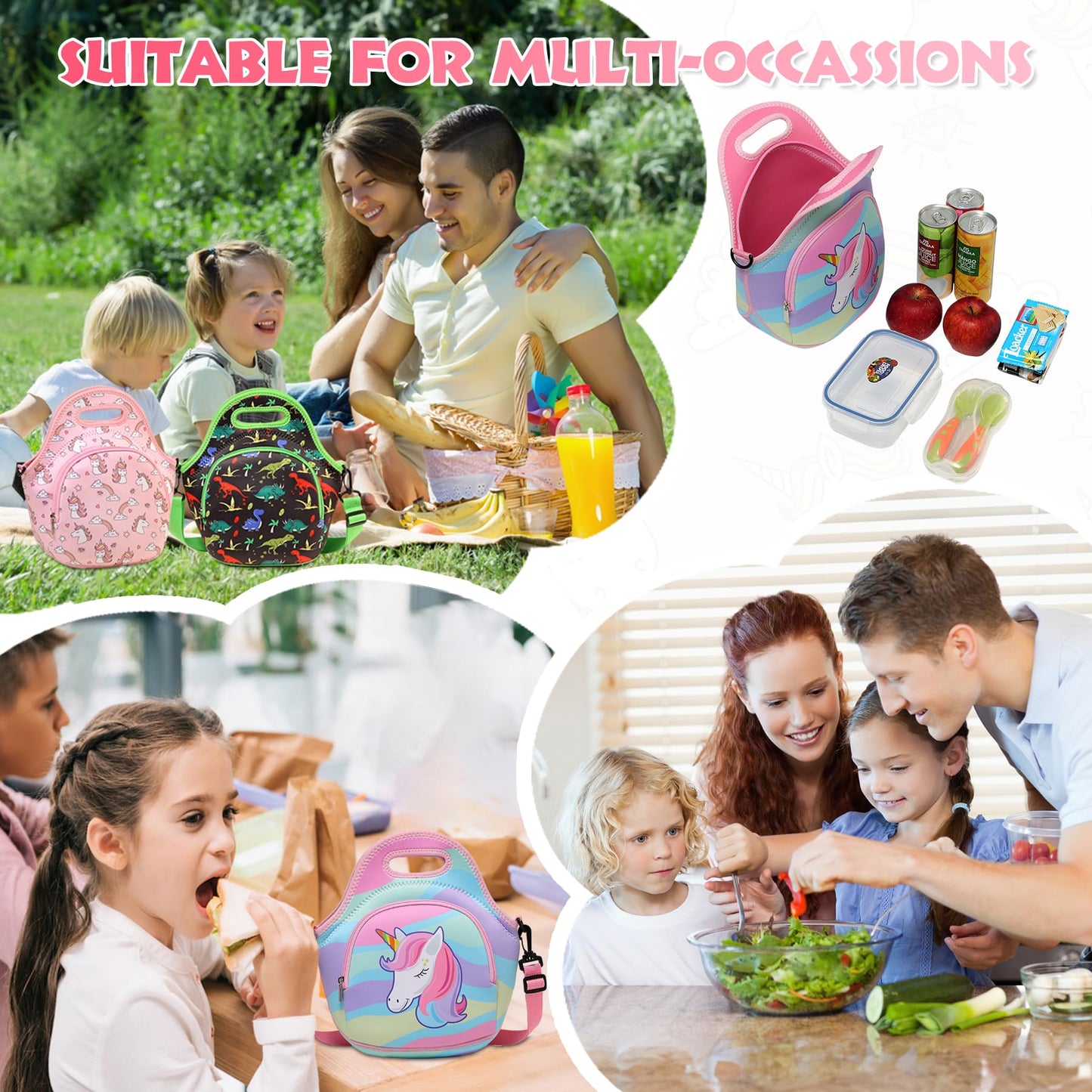 Lunch Bag for Kids, Chasechic Cute Lightweight Neoprene Insulated Lunch Boxes Tote with Detachable Adjustable Shoulder Strap (Unicorn)