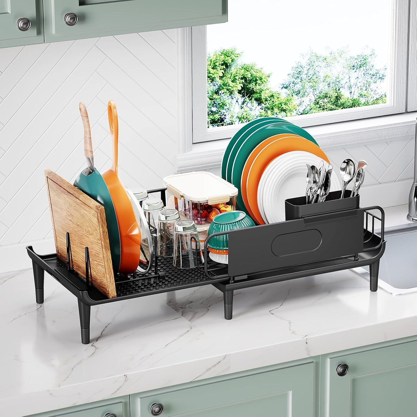 Skiennix Large Extendable Dish Drying Rack - 16.93" to 26.57" Expandable Design with Multifunctional Drainboard