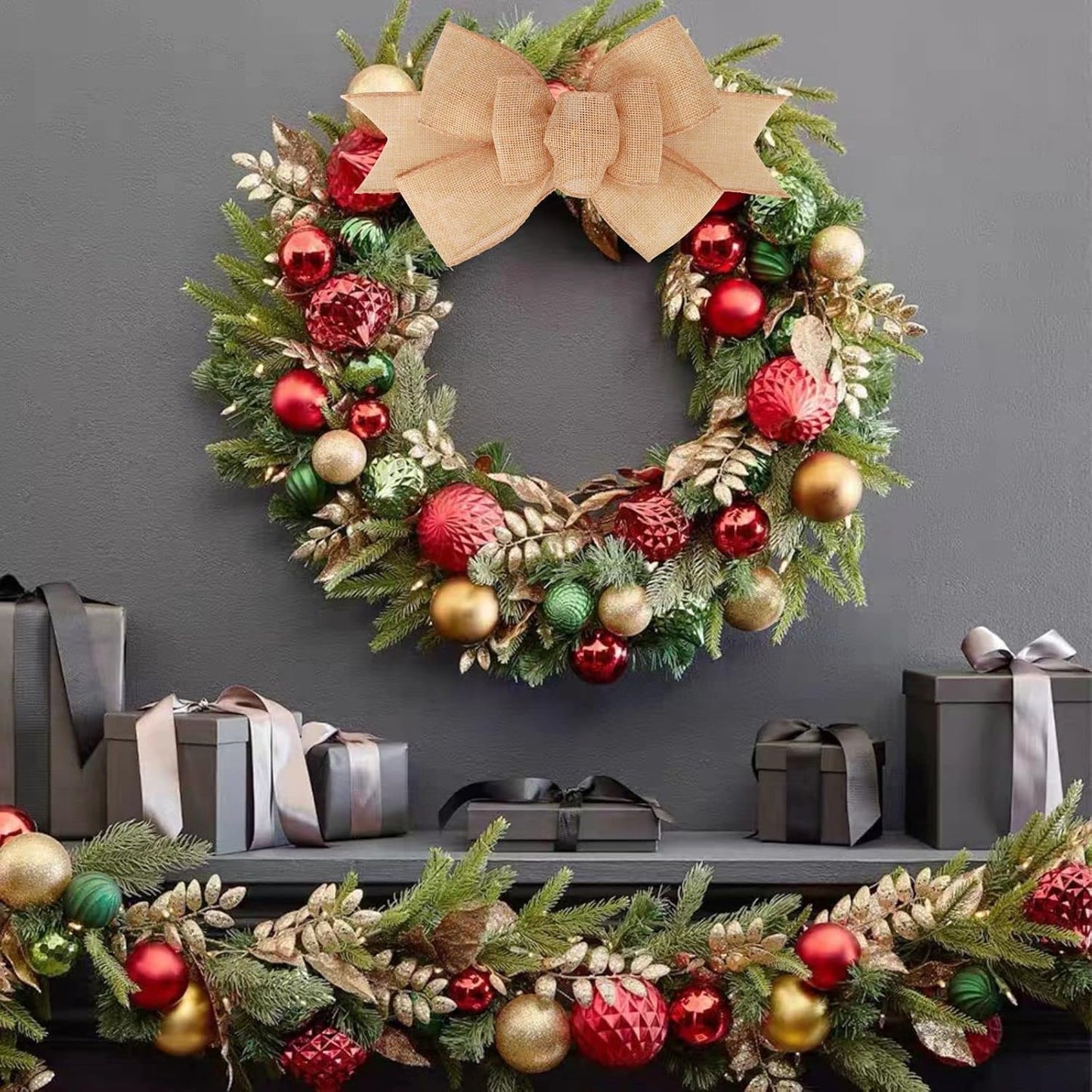 Meseey Burlap Wired Ribbon - Handmade Premade Bows for Wreaths & Gift Wrapping | Natural 2 Pcs Set
