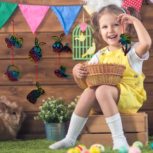 ArtCreativity 48 Pcs Easter Scratch Art for Kids, Includes Wooden Sticks & Ribbons, Fun Craft Kit, Creative Teen Easter Basket Stuffers, Unique Decorations & Gifts for Children