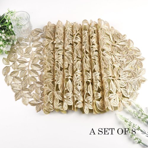 Crisjanggo Gold Leaf Placemats Set of 8 Metallic Round Placemats Wipeable Waterproof Table Mats for Kitchen Dinner Indoor Outdoor Wedding