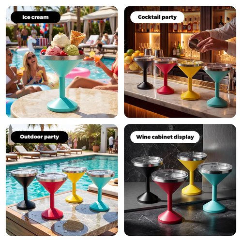 CHUGONGFANG 13oz Stainless Steel Martini Glass - Insulated Margarita Tumbler with Lid,Double-layer insulation function for outdoor, picnic, poolside, beach and yard parties