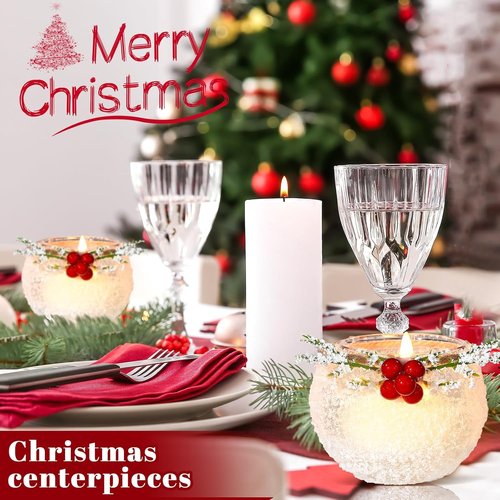 Funnymoom Christmas Votive Candle Holders - 6 Pcs Snowy & Red Berry Design for Table Centerpiece | Indoor Decor