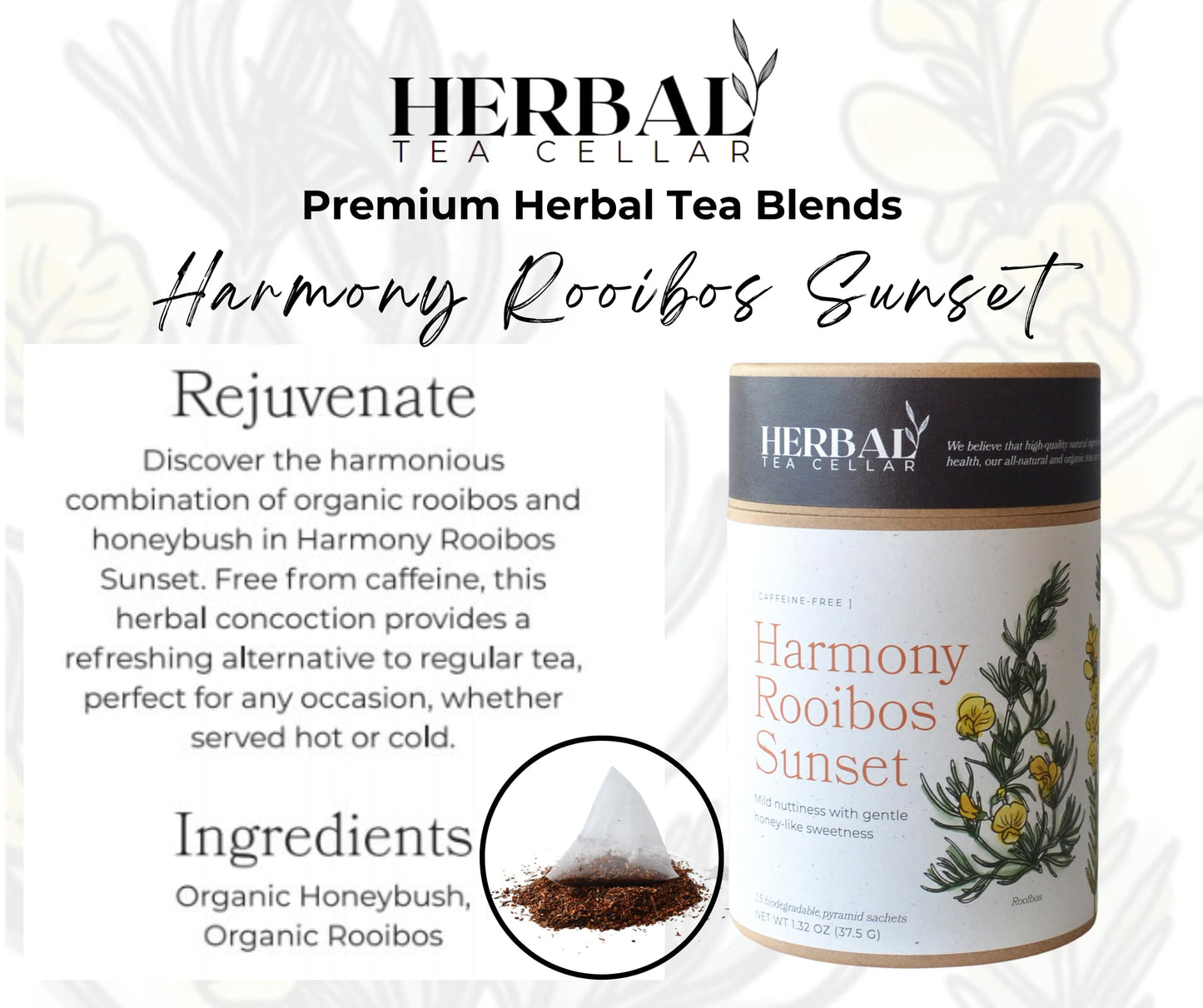Herbal Tea Cellar Harmony Rooibos Sunset – Premium Organic Rooibos & Honeybush Herbal Tea | Naturally Sweet, Caffeine-Free South African Blend | Eco-Friendly Pyramid Sachets in Recyclable Tube, 15 Count