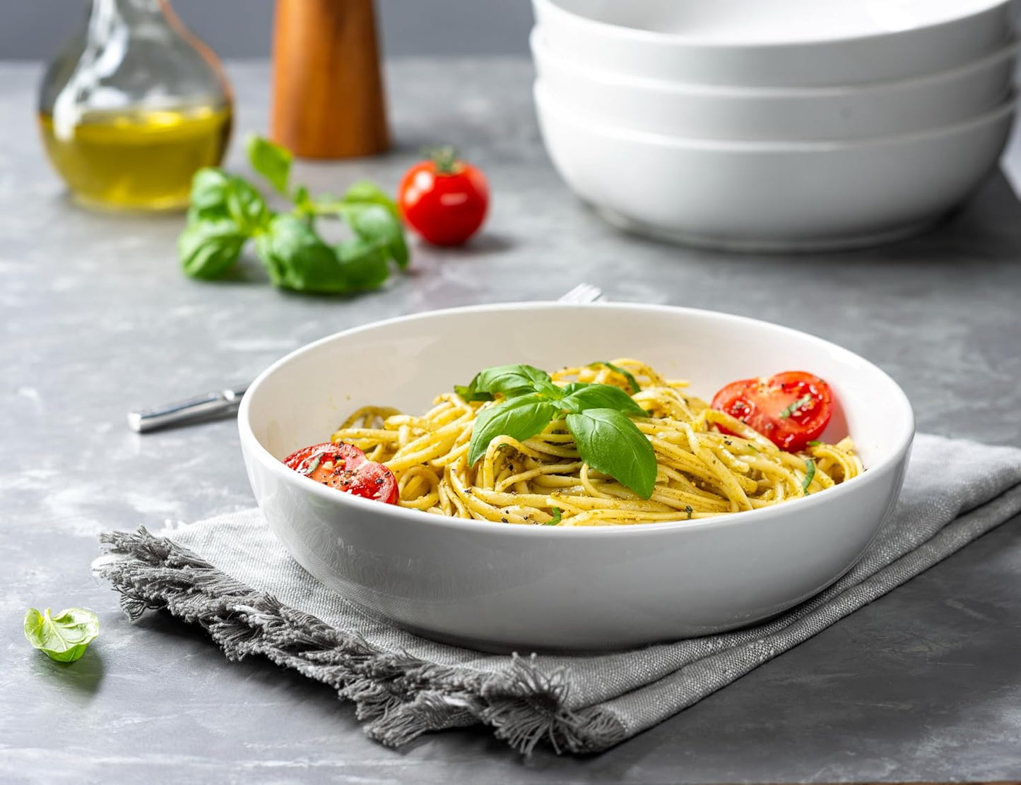 KooK Ceramic Pasta Bowls - Large Capacity Serving Bowls | Microwave & Dishwasher Safe, Set of 4 (White)