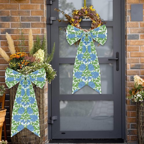 HunnmingRe Hydrangea Bow Wreath Sash - 24 x 16 Inch Holiday Floral Decor for Front Door | Blue Green