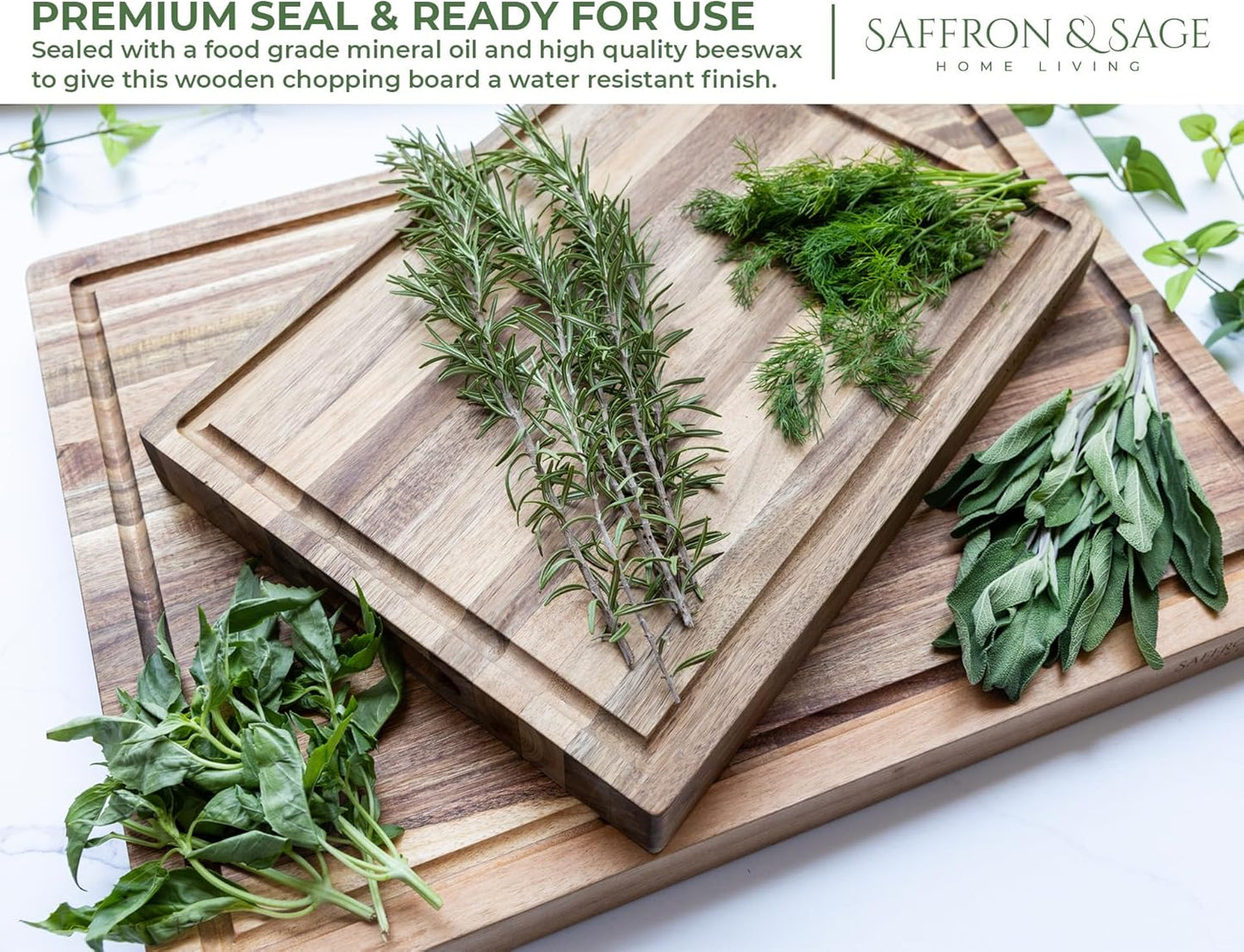 Saffron & Sage Large Wood Cutting Board - Thick 16 x 12 x 1.5 Inch Acacia with Juice Groove | Reversible Chopping & Charcuterie Board