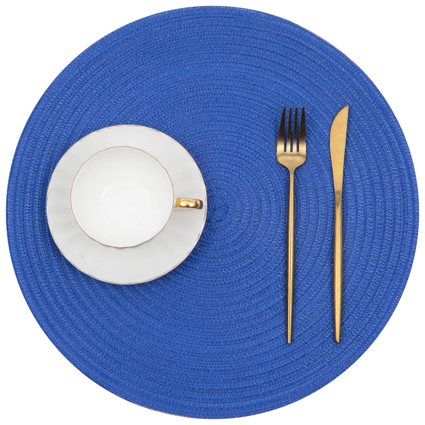 SHACOS Round Placemats Set of 6 Washable 15 inch Round Table Mats Cotton Polyester Woven Braided Place Mats for Dining Table (Blue, 6)