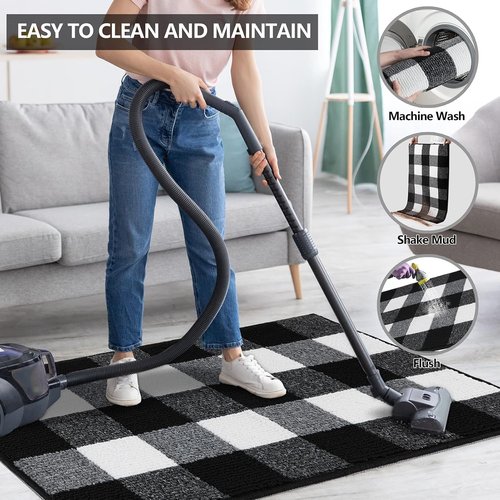 Buffalo Plaid Outdoor Rug - Non-Slip Absorbent Entryway Mat | 20"x32" Black and White Checkered Design