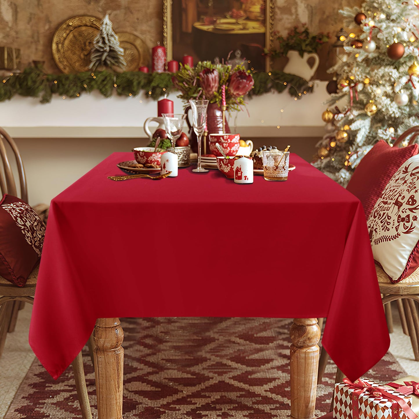 sancua 2 Pack Red Tablecloth 60 x 84 Inch, Rectangle 4 Feet Christmas Table Cloth - Stain and Wrinkle Resistant Washable Polyester Table Cover for Dining Tables, Buffet Parties and Camping