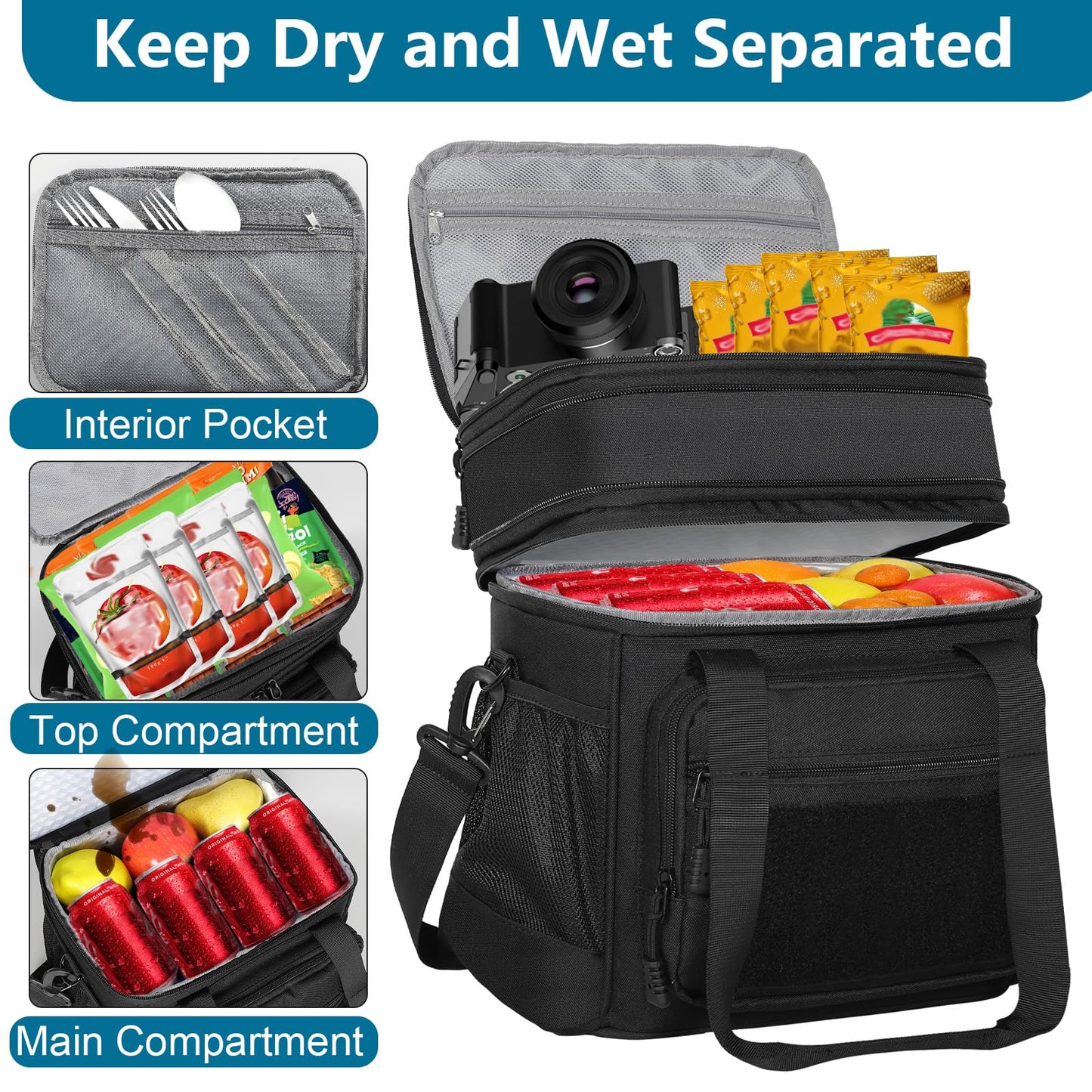 Tactical Lunch Box Cooler Bag - Expandable Insulated Lunch Bag for Men Women - Large Lunchbox for Adults Work Shifts Outdoor Trips Black 16L