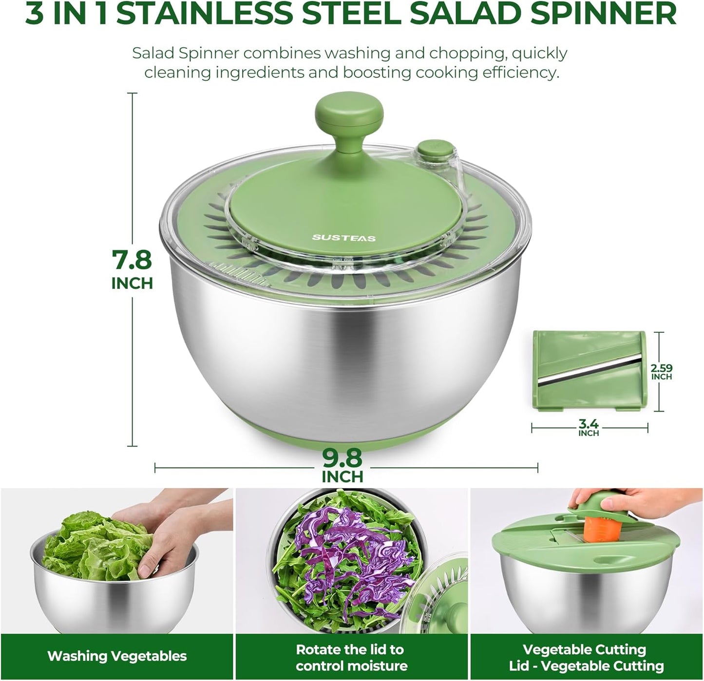 SUSTEAS Stainless Steel Salad Spinner - Large 4.25Qt Bowl for Efficient Vegetable Washing & Salad Prep