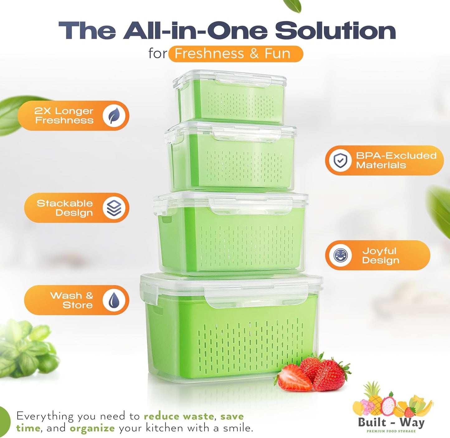 Skiennix Fruit Storage Containers - Airtight Set of 4 for Fresh Produce & Snacks - Space-Saving Green Design