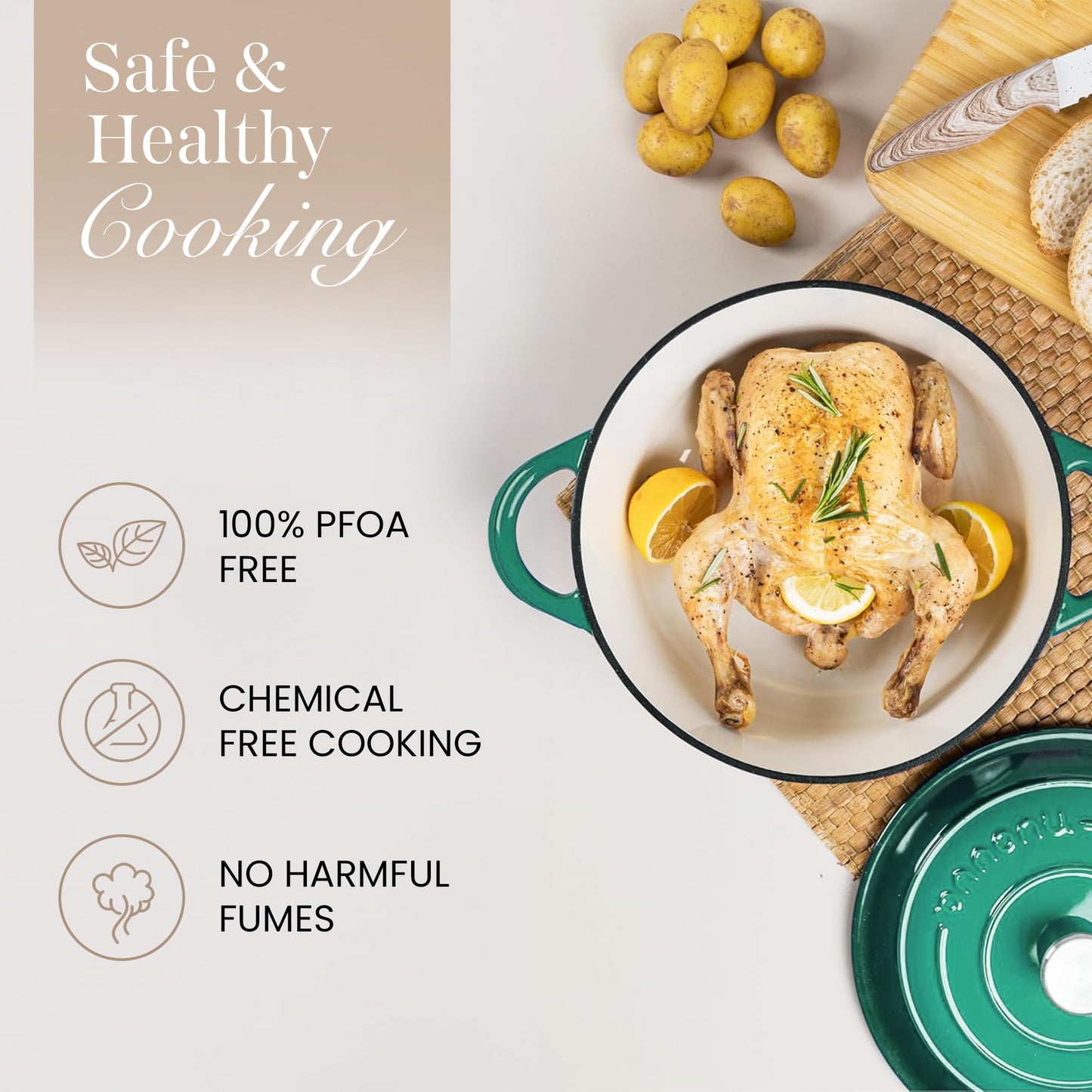 Cast Iron Dutch Oven with Lid – Non-Stick Ovenproof Enamelled Casserole Pot – Sturdy Dutch Oven Cookware – Dark Green, 7.3-Quart, 30cm – by Nuovva