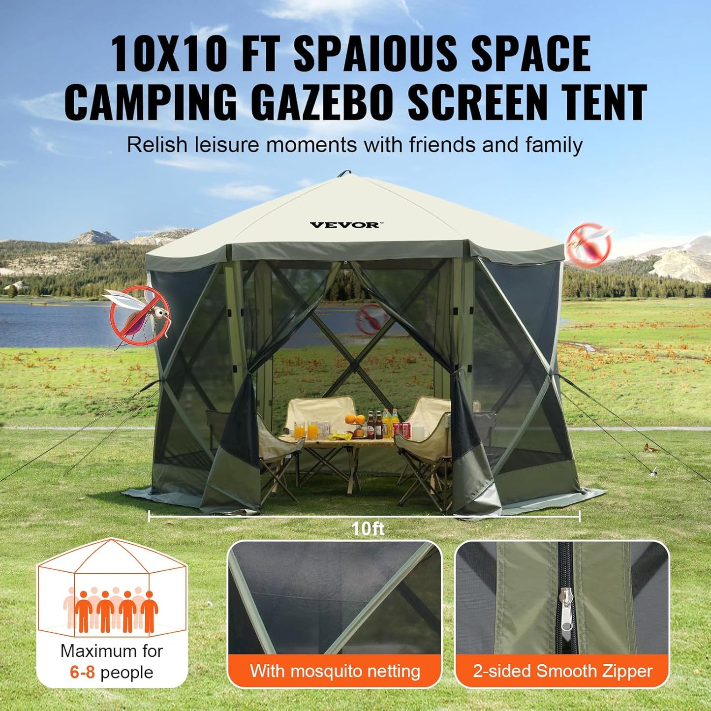 VEVOR Pop Up Gazebo | 6-Sided Canopy Sun Shelter with Removable Privacy Cloths | 10x10FT Army Green