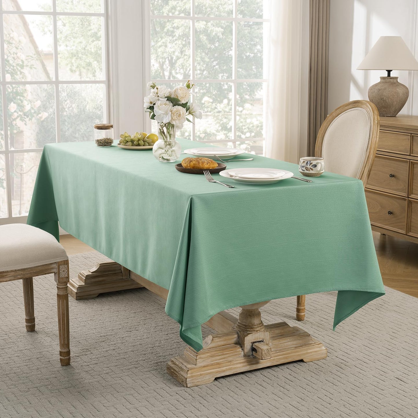 Softalker Sage Green Jacquard Rectangle Tablecloth 60 x 84 Inch - Waterproof & Wrinkle Free Textured Heavy Weight Fabric Cover for Kitchen, Dining, Parties, Outdoor Picnic, Easter Spring Holiday Decor