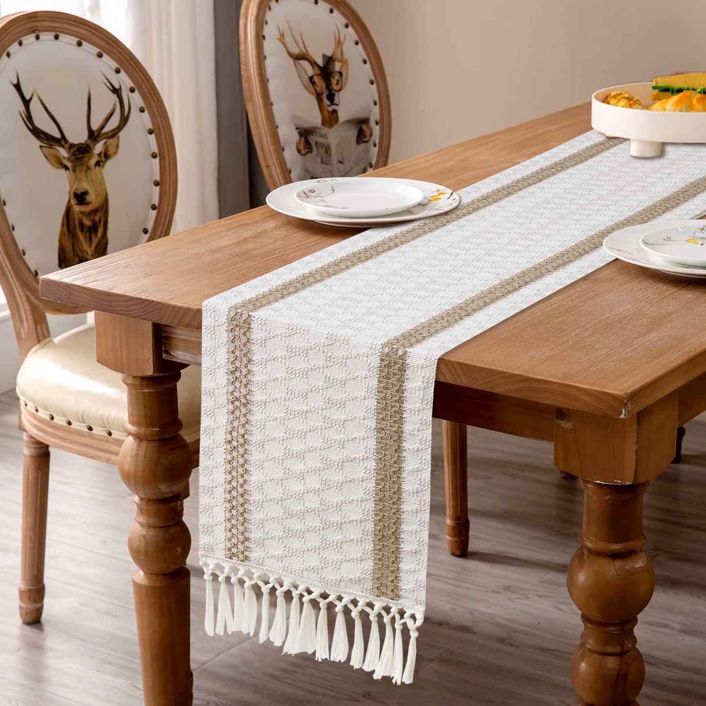 OTOSTAR Boho Table Runner with Tassels 48 Inches Long Farmhouse Rustic Table Runner Macrame Burlap Table Decoration for Home Decor Living Room Bridal Shower, Double Striped (12x48 Inches)