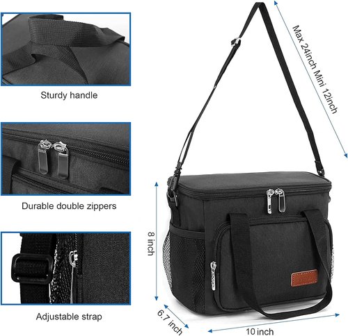 Femuar Insulated Lunch Box - Leakproof Reusable Cooler Bag for Work & Picnic - Adjustable Strap | Black