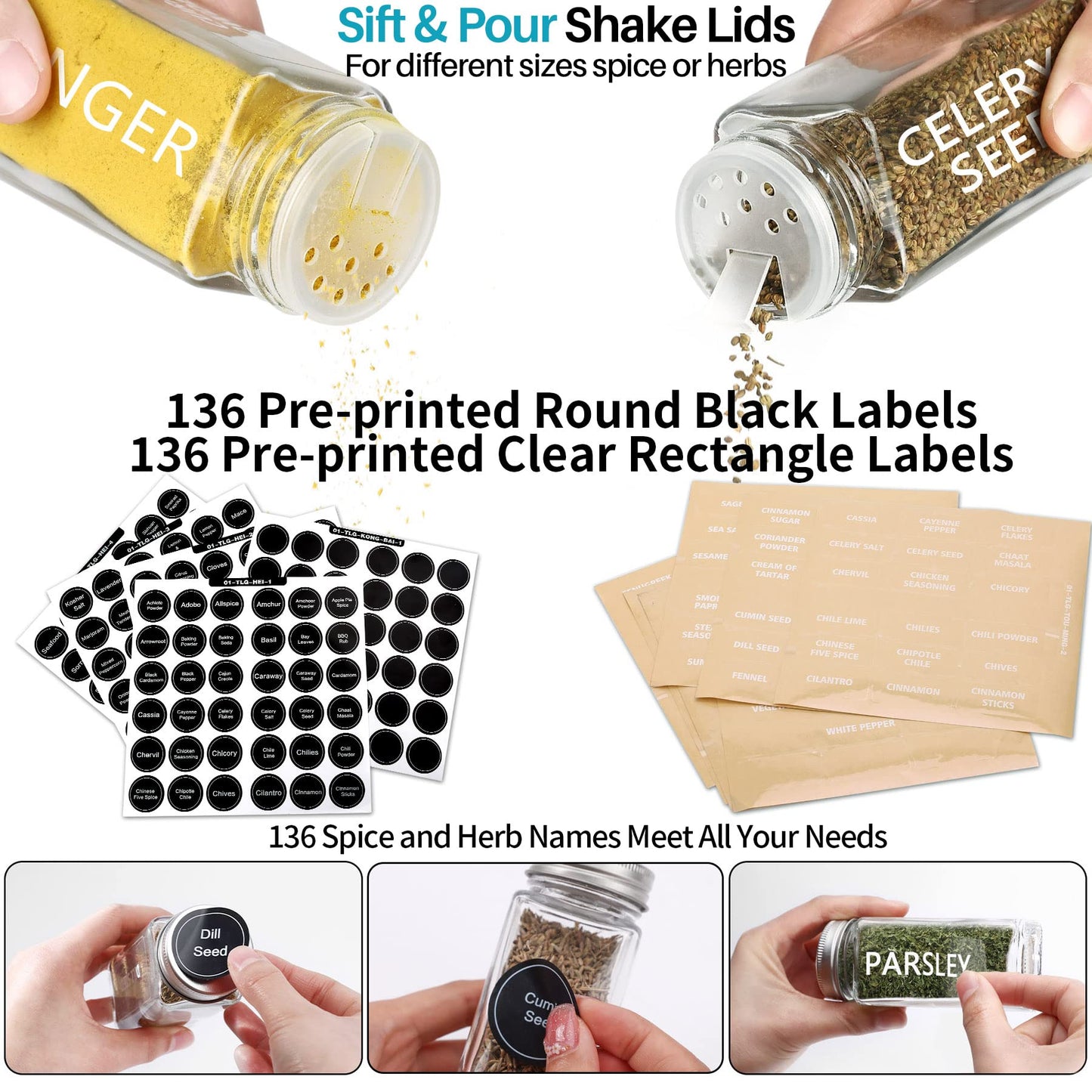 Antimbee 28 Pcs Clear Glass Spice Jars,3.5 oz Glass spice jar with 324 labels, Funnel,Chalk Pen,Shaker Lids and Airtight Metal Caps, Empty Square Spice Bottles for Spice Rack, Cabinet, Drawer