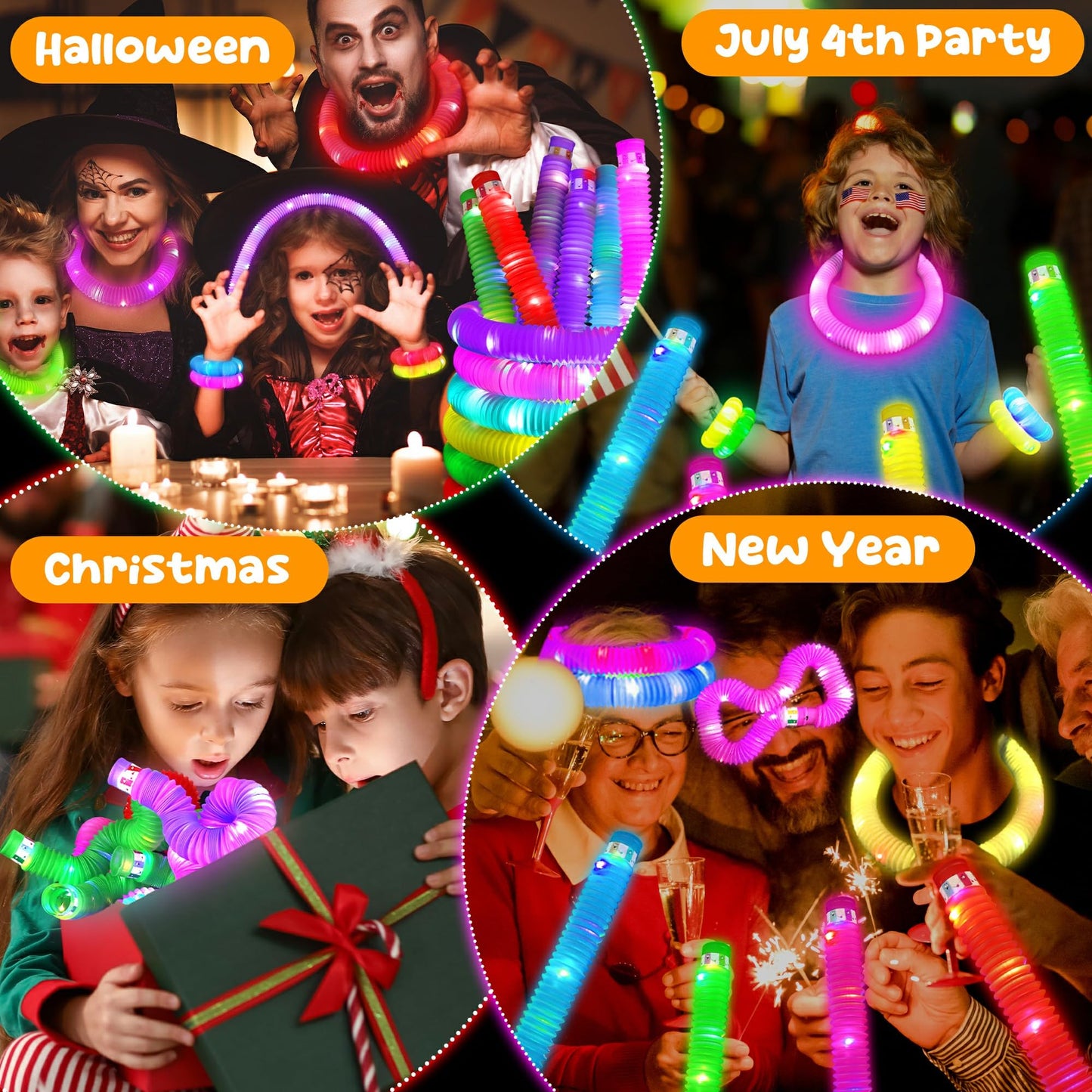 24 Pcs Large Glow Sticks for Kids,Christmas Light Up Pop Tubes Party Favors,Valentine Glow In The Dark Bulk Toys Classroom Supplies,Led Necklace Goodie Bag Stocking Stuffers Decor for Camping Dance