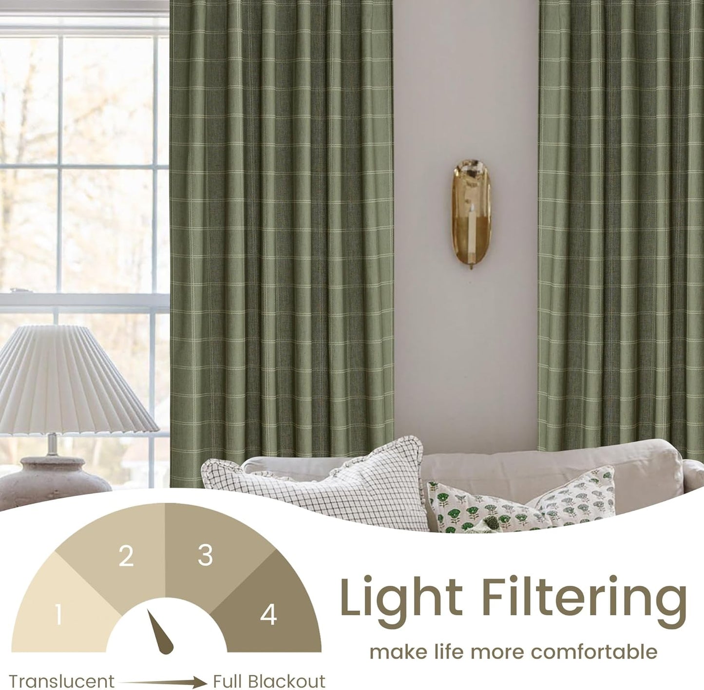 NICETOWN Linen Plaid Curtains - Modern Moss Green Check Window Panels | Light Filtering, 52" x 84" (2 Panels)
