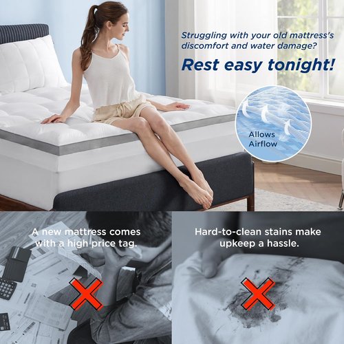 Bedsure Queen Mattress Topper - 4 Inch Dual Layer Gel Memory Foam & Waterproof Pillow Top | 60x80 Inches