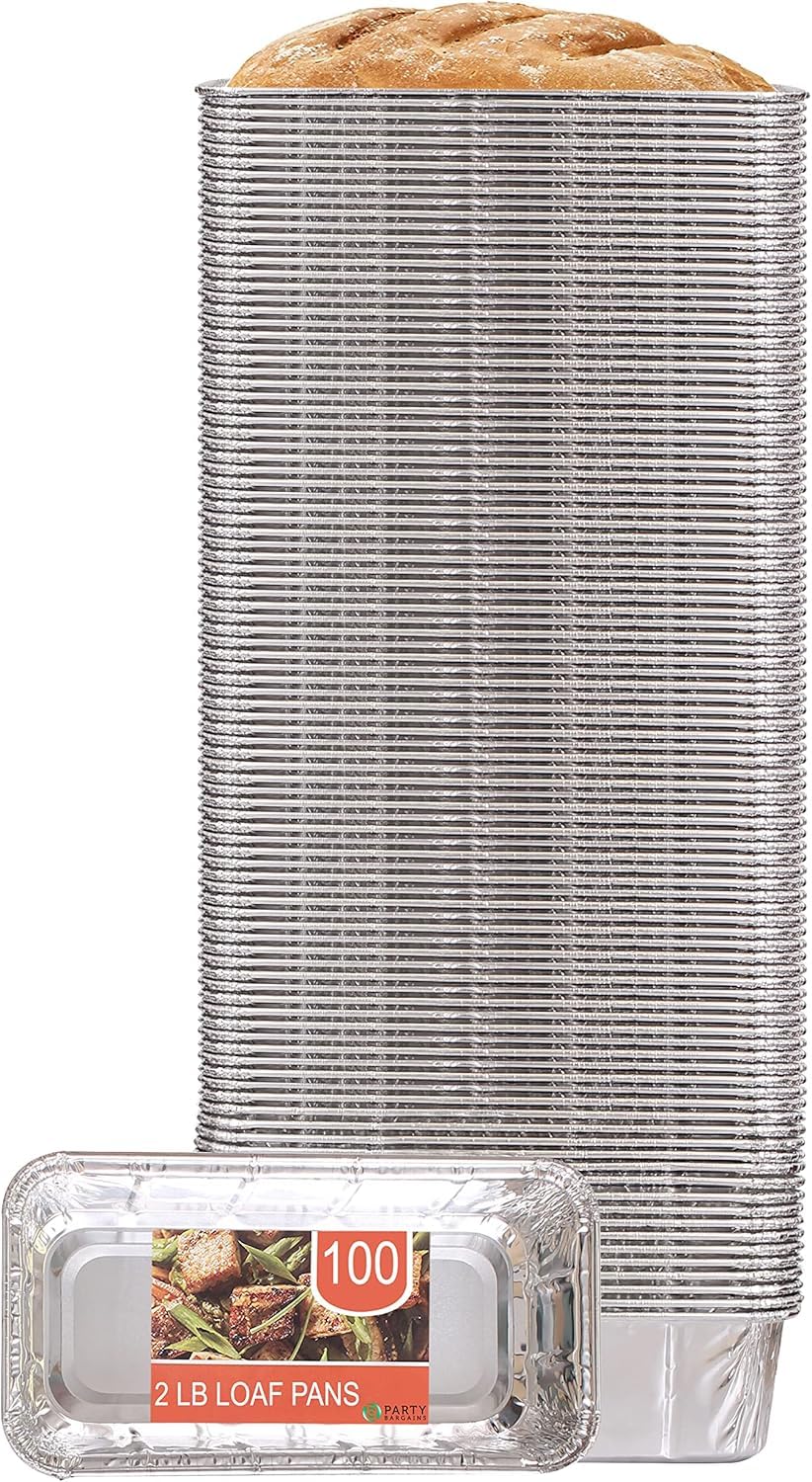 PARTY BARGAINS 2 lb Loaf Pans Disposable Aluminum Bread Tins, 100 Pack – Heavy-Duty Oven-Safe Bakeware (Max 240°C) for Bread Loaf, Meatloaf, Cakes, Parties & Events