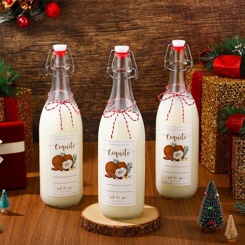 Havawish 6 Pcs 33.8 oz Christmas Coquito Swing Top Glass Bottles for Homemade Coquito Clear Flip Top Bottles with Airtight Cap Lids Labels for Christmas Home Brewing Coquito Beverages Liqueur