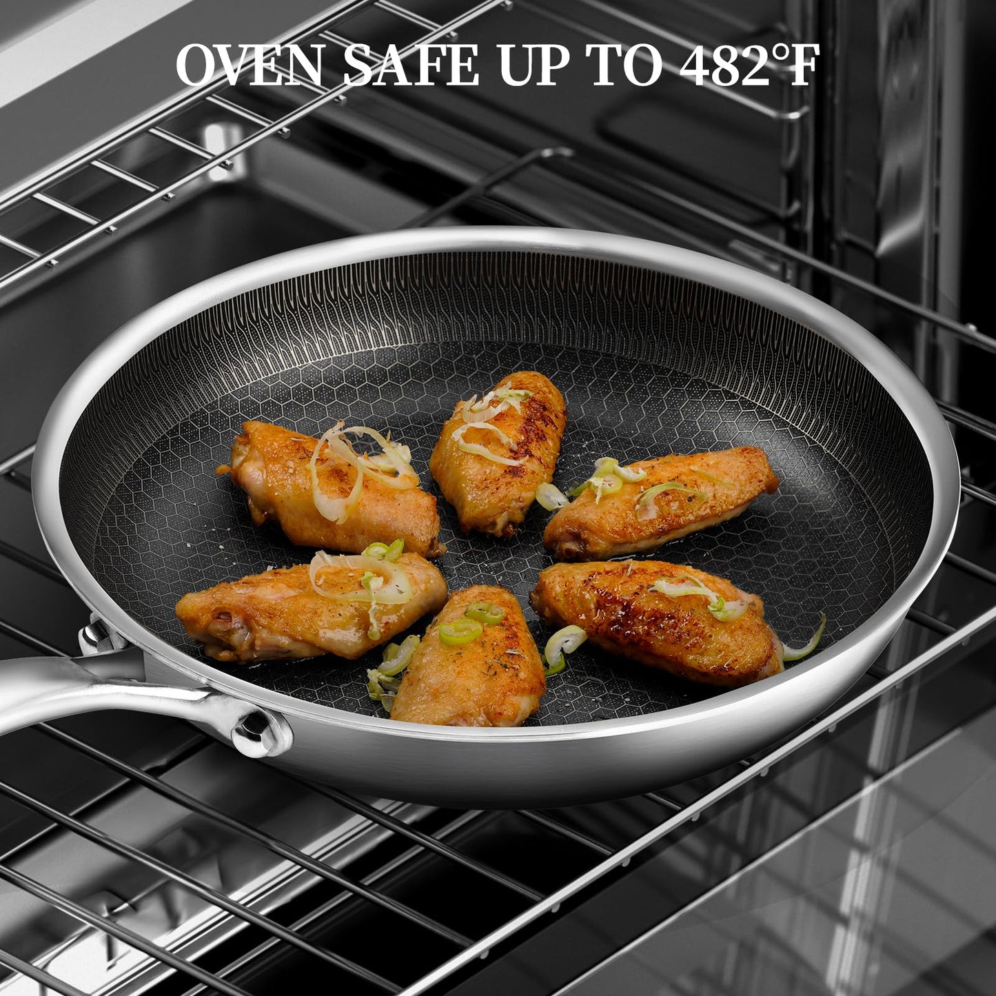 CADIVIZZO Stainless Steel Frying Pan with Lid - 9.5 Inch Nonstick Frying Pan with Lid, Honeycomb Stainless Steel Skillet Omelet Chef's Pan with Stay Cool Handle, Induction Compatible, PFOA Free