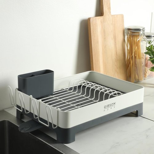 Gibson Home Nestcraft Dish Rack - Full Size Rust Resistant with Drain Board & Flatware Caddy | White