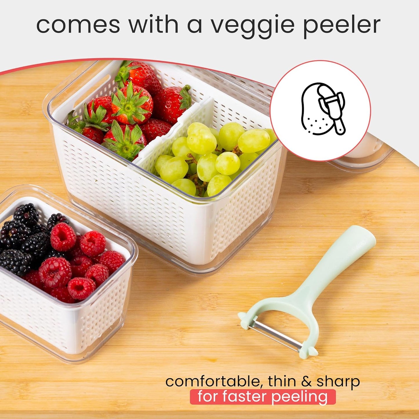Premium Fruit Storage Containers - 3-in-1 Produce Organizer with Strainer & Colander | Large Clear Set of 3