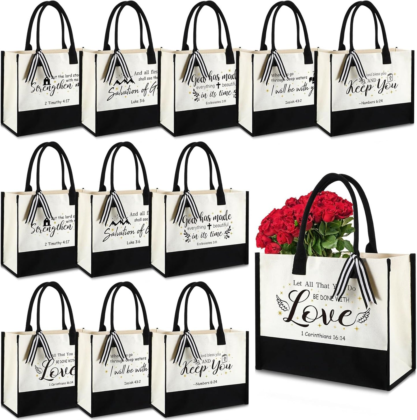 Abbylike 12 Pcs Christian Canvas Tote Bag Bulk Bible Bride Religious Beach Totes with Handle, Verse Initial Classic Grocery Bag for Women Travel