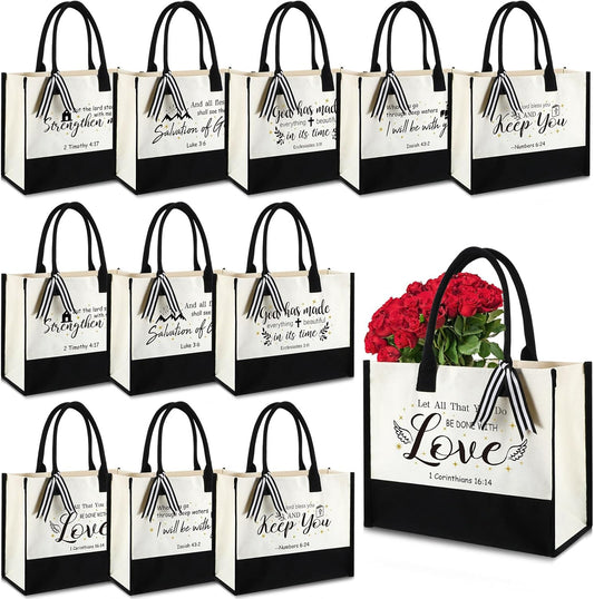 Abbylike 12 Pcs Christian Canvas Tote Bag Bulk Bible Bride Religious Beach Totes with Handle, Verse Initial Classic Grocery Bag for Women Travel