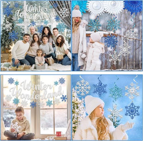 **Winter Wonderland Decorations | Blue Glitter Banner & Snowflake Ornaments for Festive Indoor Decor**