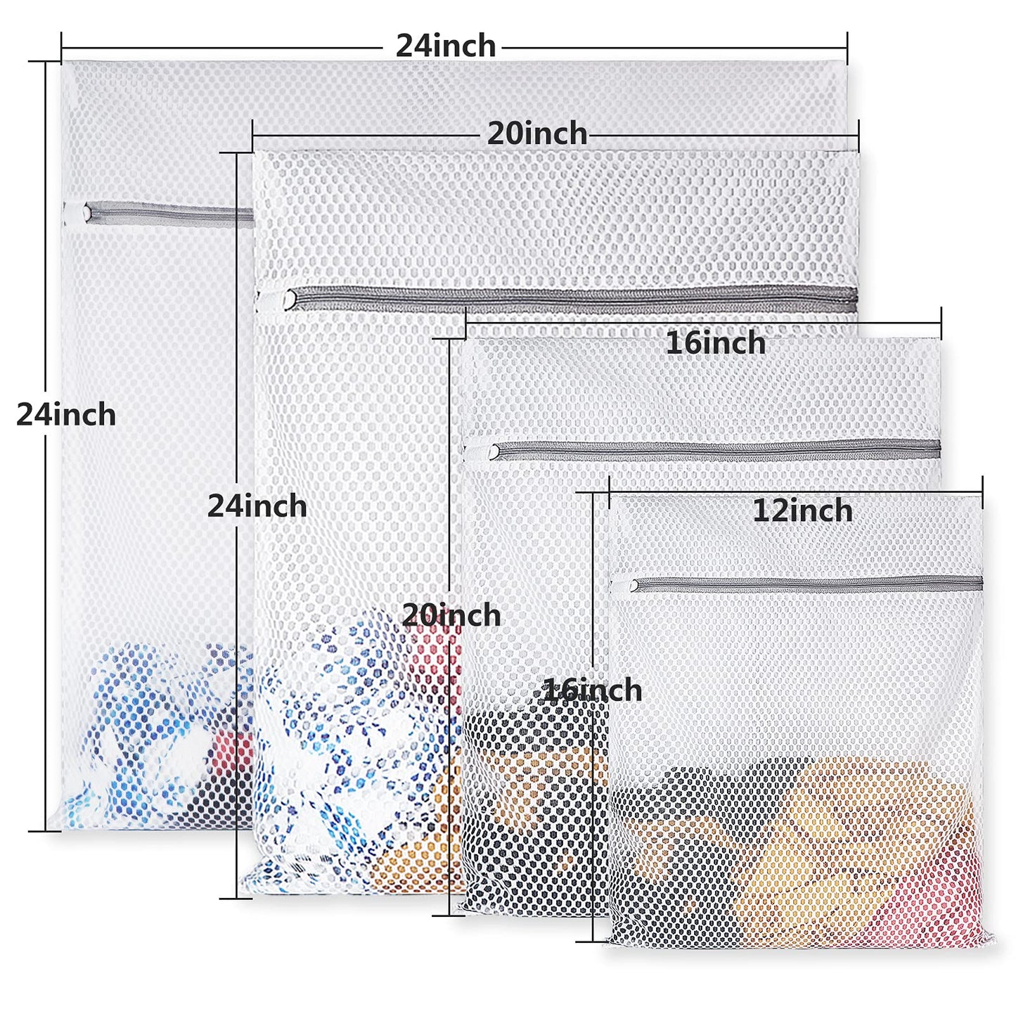 4Pcs Durable Honeycomb Mesh Laundry Bags for Delicates Reusable Wash Bag(1XX-Large 24 x 24 Inches,1X-Large 20 x 24 Inches,1 Large 16 x 20 Inches, 1 Medium 12 x 16 Inches)
